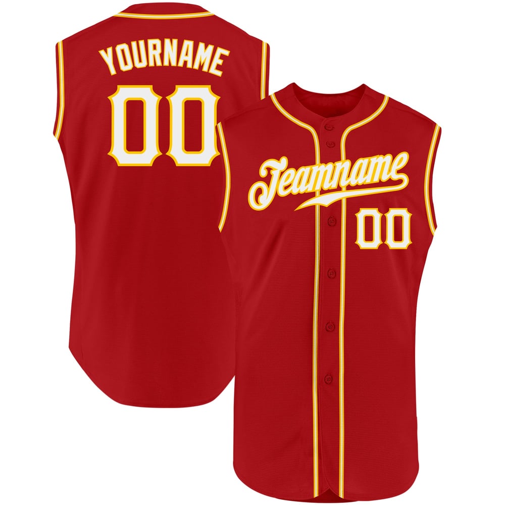 Jersey Authentic Custom Red Sleeveless White-Gold Baseball