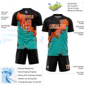 Spalsh Black Jersey Custom Soccer Uniform Sublimation Orange-Aqua