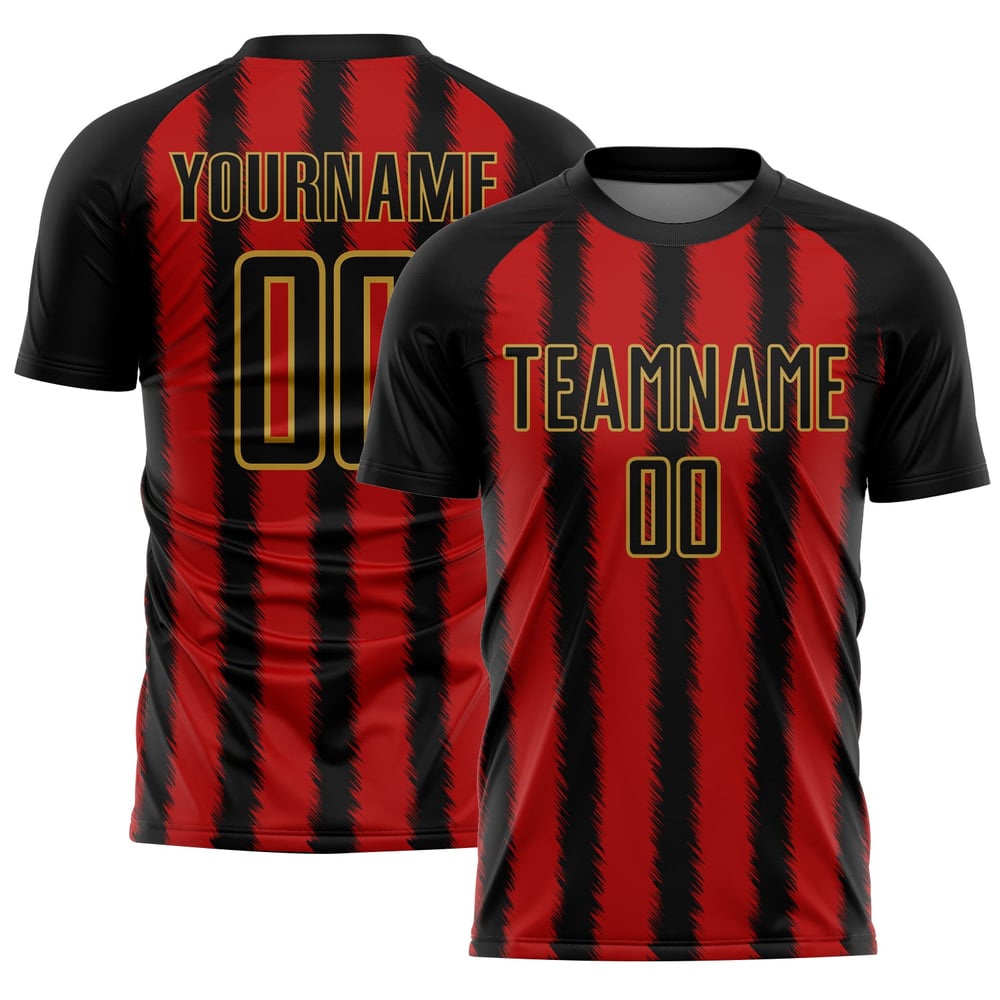Camiseta de fútbol personalizada con sublimación de líneas negro, rojo y dorado antiguo