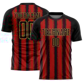 Camiseta de fútbol personalizada con sublimación de líneas negro, rojo y dorado antiguo