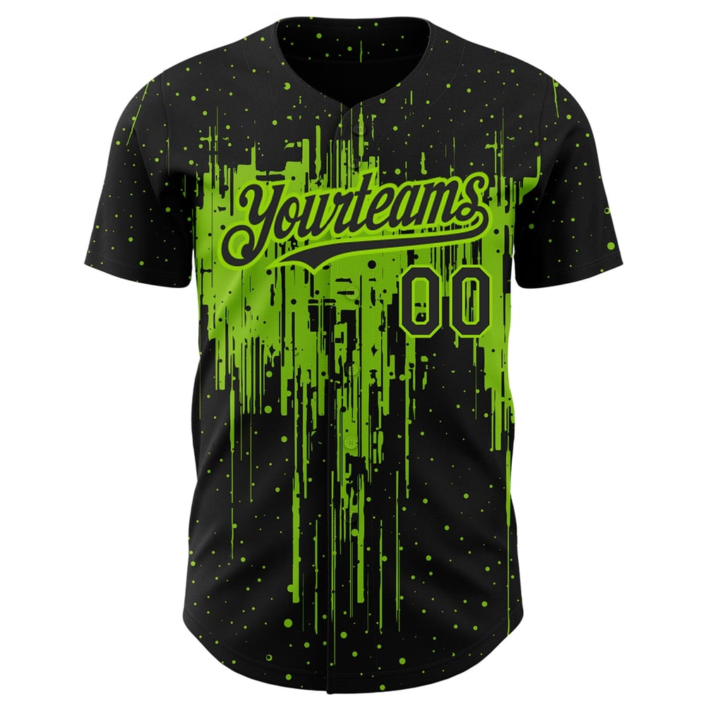Maglia da baseball autentica con motivo a schizzi in 3D, design personalizzato, nero, verde e neon, gocciolante