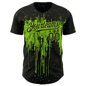 Maglia da baseball autentica con motivo a schizzi in 3D, design personalizzato, nero, verde e neon, gocciolante