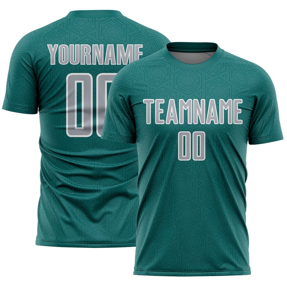 Maglia uniforme da calcio personalizzata con stampa geometrica a sublimazione grigio-bianca, colore verde acqua