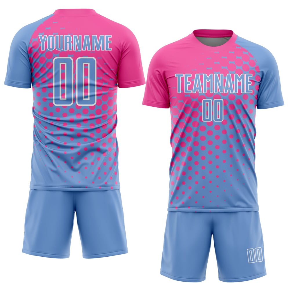 Maillot de football personnalisé bleu clair, rose et blanc, sublimé