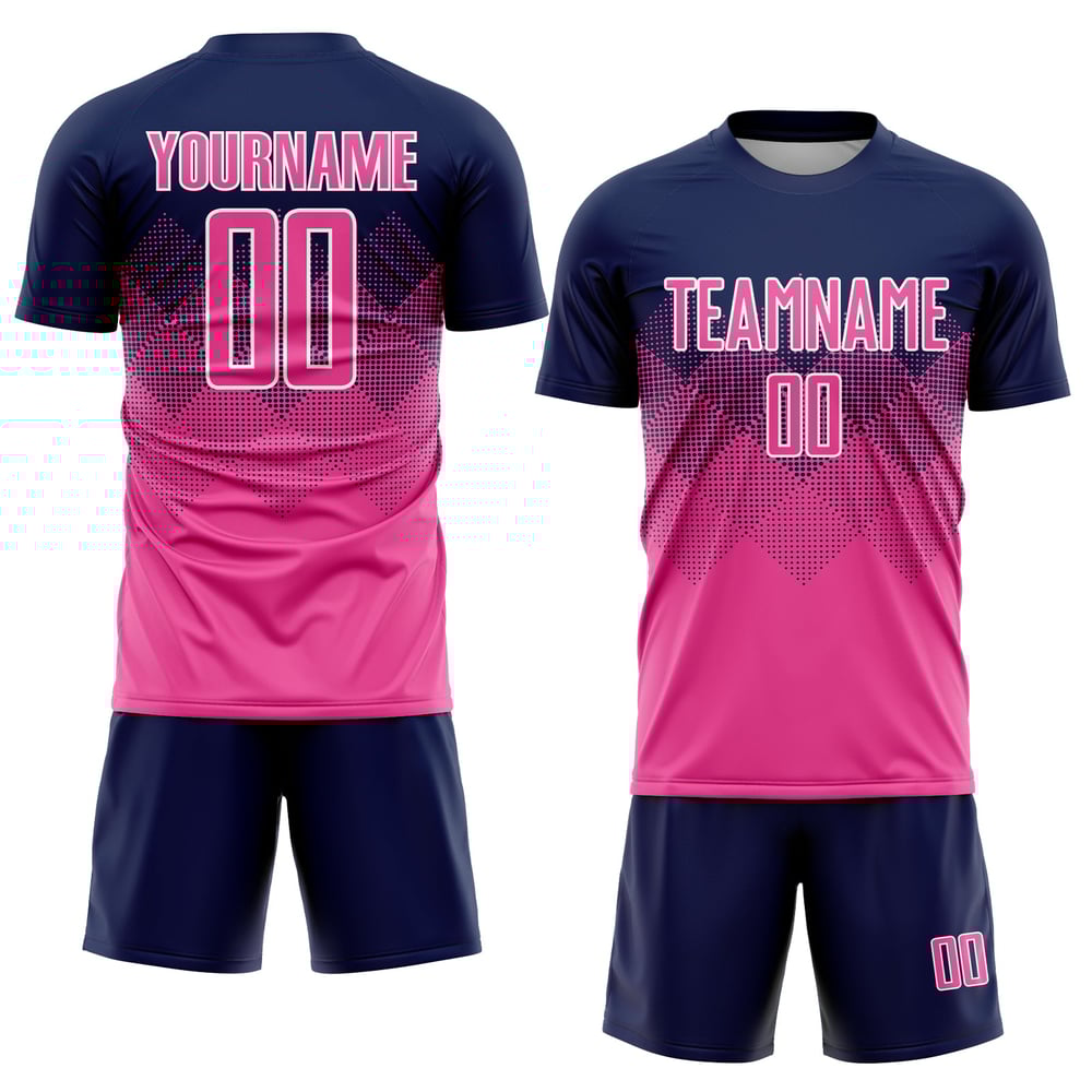 Maillot de football personnalisé bleu marine rose et blanc par sublimation