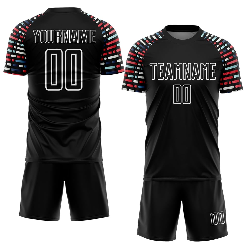 Camiseta de sublimación negra personalizada con formas blancas y uniforme geométrico de fútbol