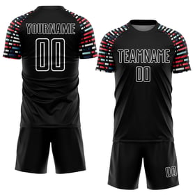 Camiseta de sublimación negra personalizada con formas blancas y uniforme geométrico de fútbol