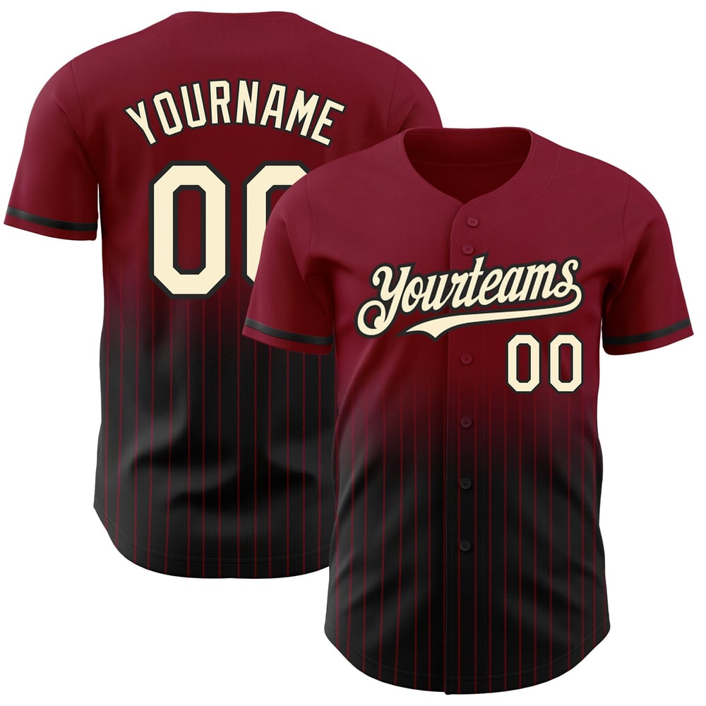 Jersey de béisbol de moda carmesí con desvanecimiento, auténtico, personalizado, con rayas crema-negro