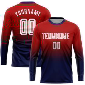 Maillot de football personnalisé à manches longues, imprimé par sublimation, rouge, blanc et bleu marine