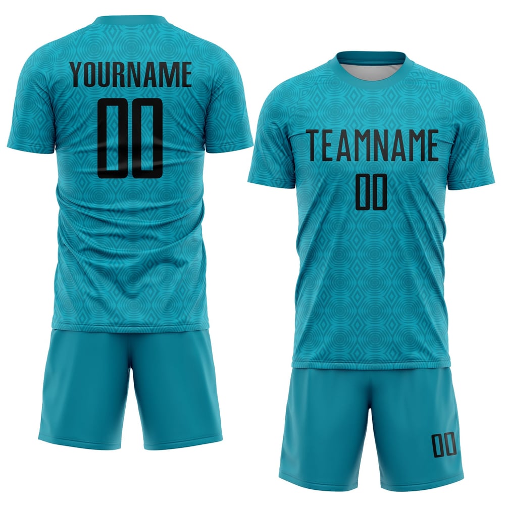 Camiseta de fútbol personalizada con diseño geométrico de sublimación en negro y verde azulado