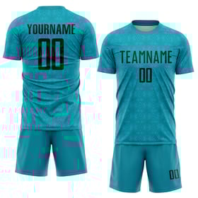 Camiseta de fútbol personalizada con diseño geométrico de sublimación en negro y verde azulado