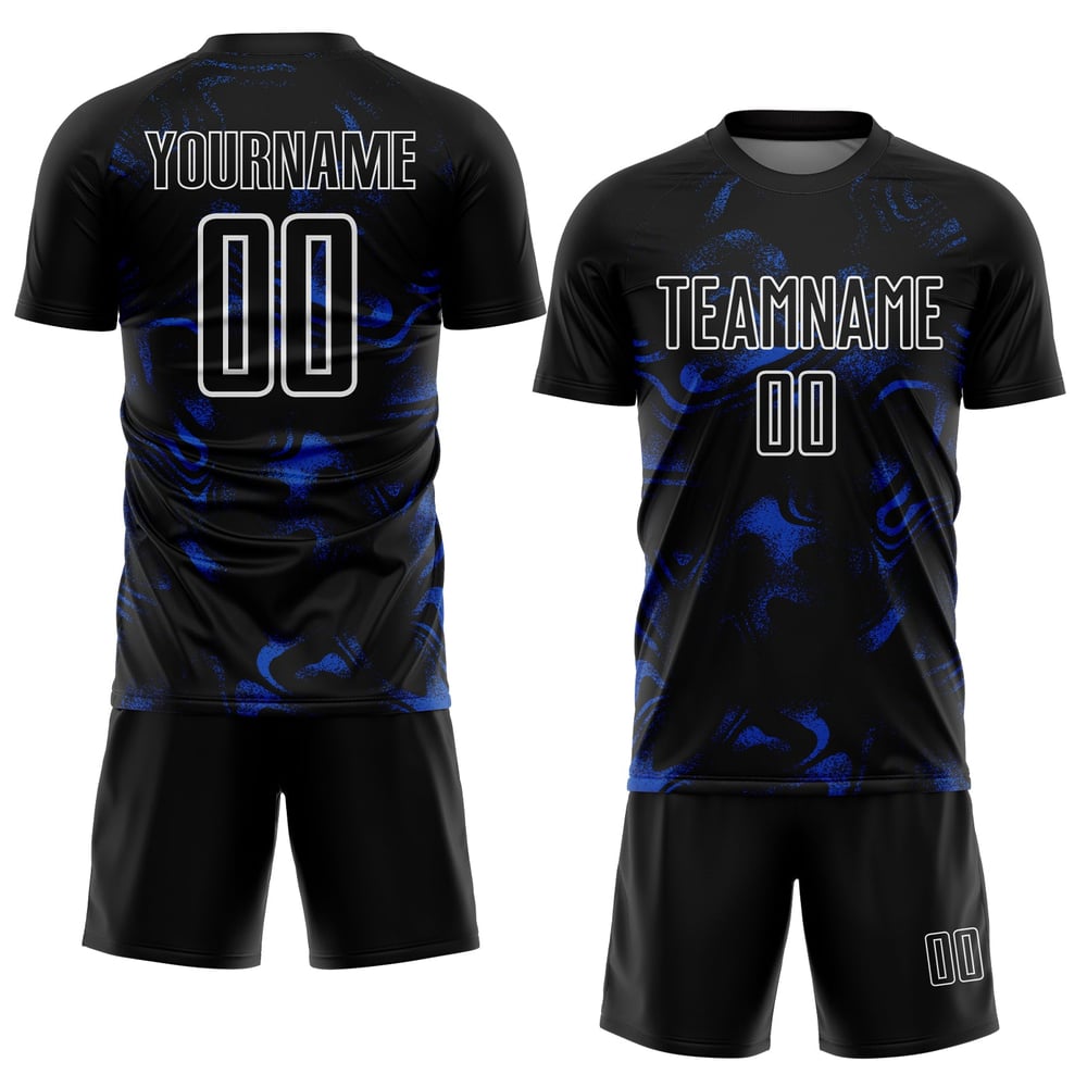 Abstrakt Blau-Weiß Sublimation Thunder Custom Liquid Uniform Jersey Fußball Schwarz