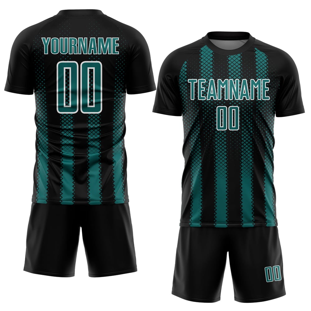 Geometrische Sublimation Schwarz Uniform Jersey Custom Teal-Weiß Form Fußball