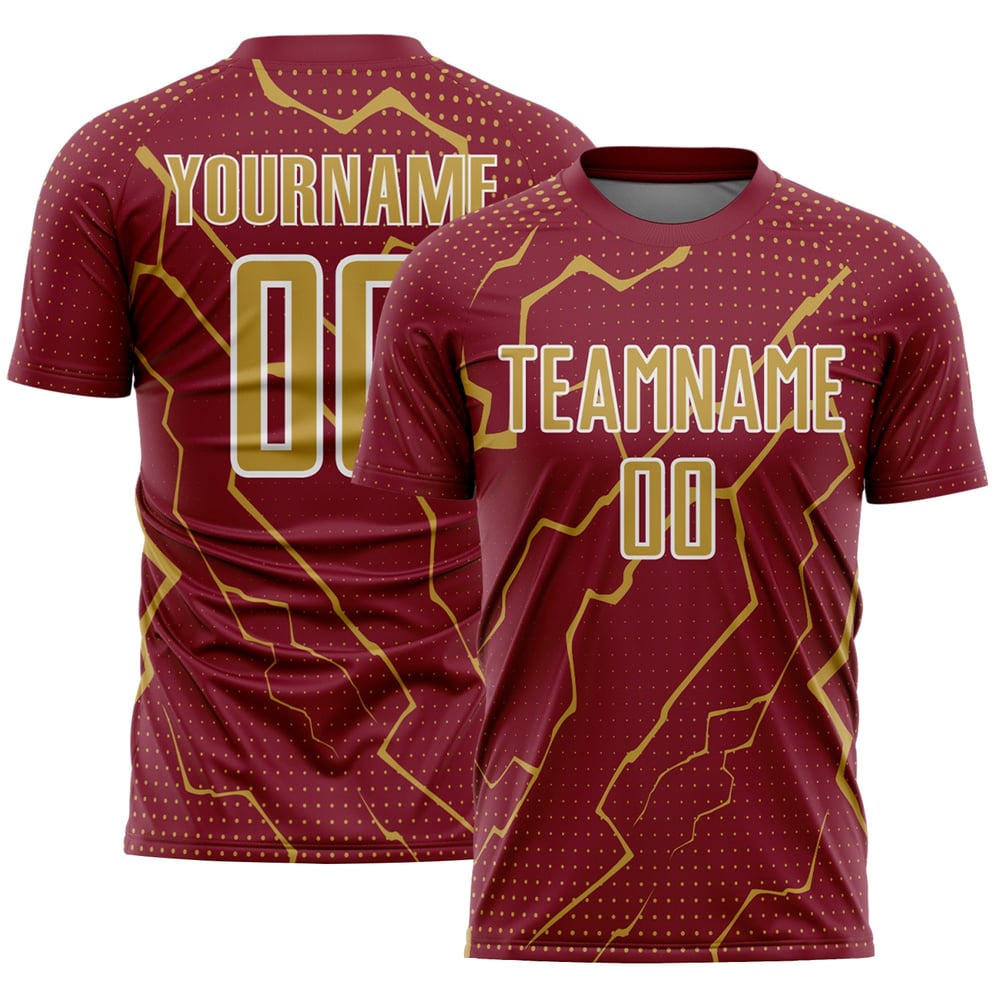 Maglia personalizzata da calcio Sports Crimson Uniform Lightning Sublimation Old Gold-White