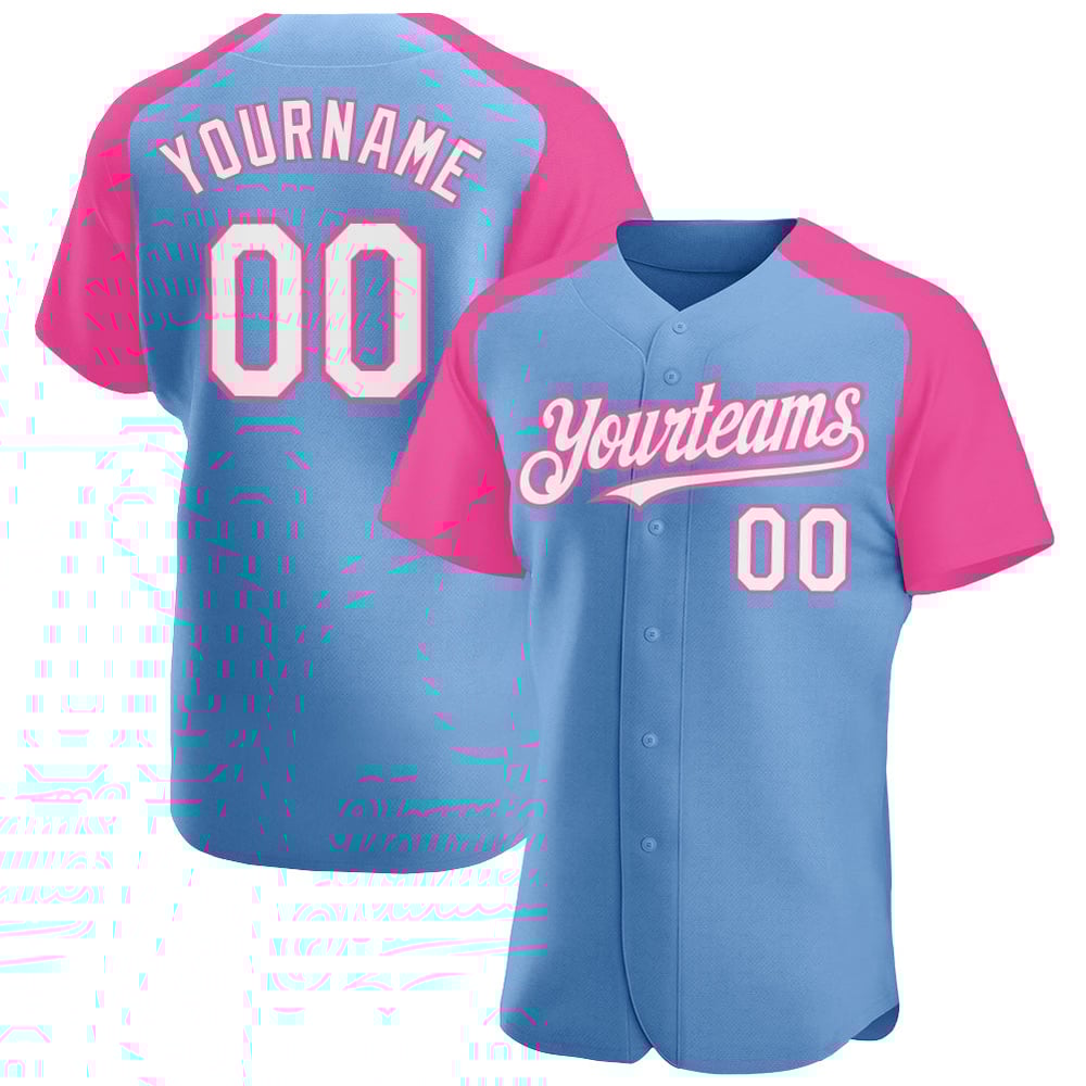 Light White-Pink Custom Sleeves Baseball Blue Raglan Authentic Jersey