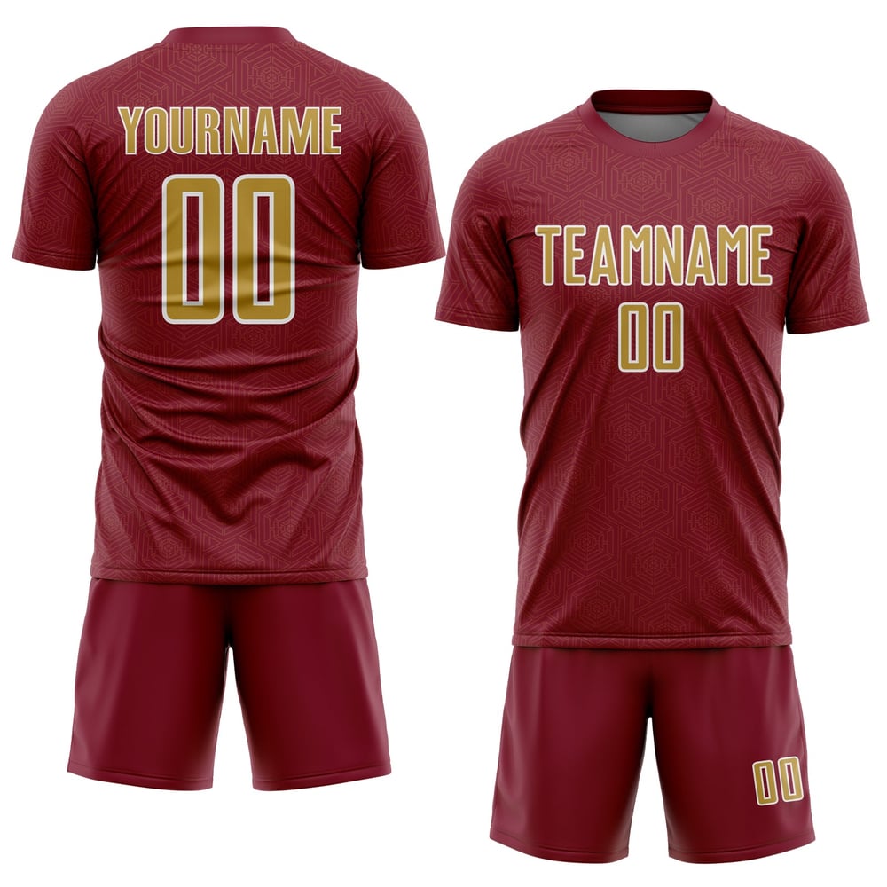 Maglia personalizzata da calcio sportiva con stampa a sublimazione geometrica Old Crimson, colore oro-bianco