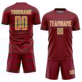 Maglia personalizzata da calcio sportiva con stampa a sublimazione geometrica Old Crimson, colore oro-bianco