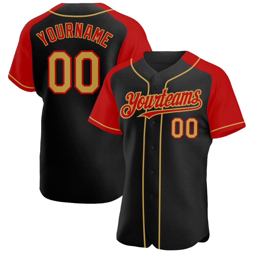 Raglan Gold-Red Black Sleeves Custom Authentic Jersey Baseball Old