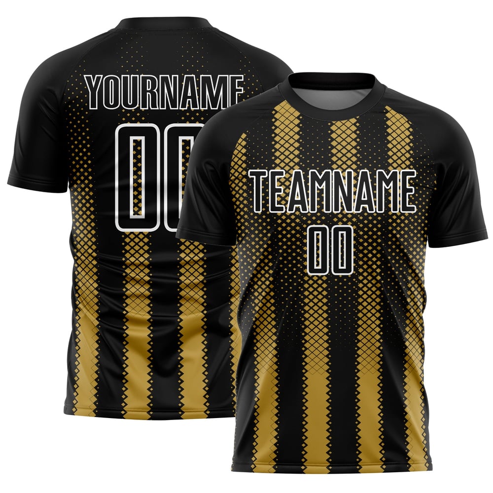Sublimation Alte Form Geometrische Fußball Uniform Schwarz Gold-Weiß Custom Jersey