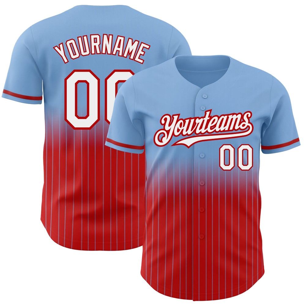 Camiseta de béisbol personalizada con raya azul degradado en blanco y rojo, ligera y auténtica.