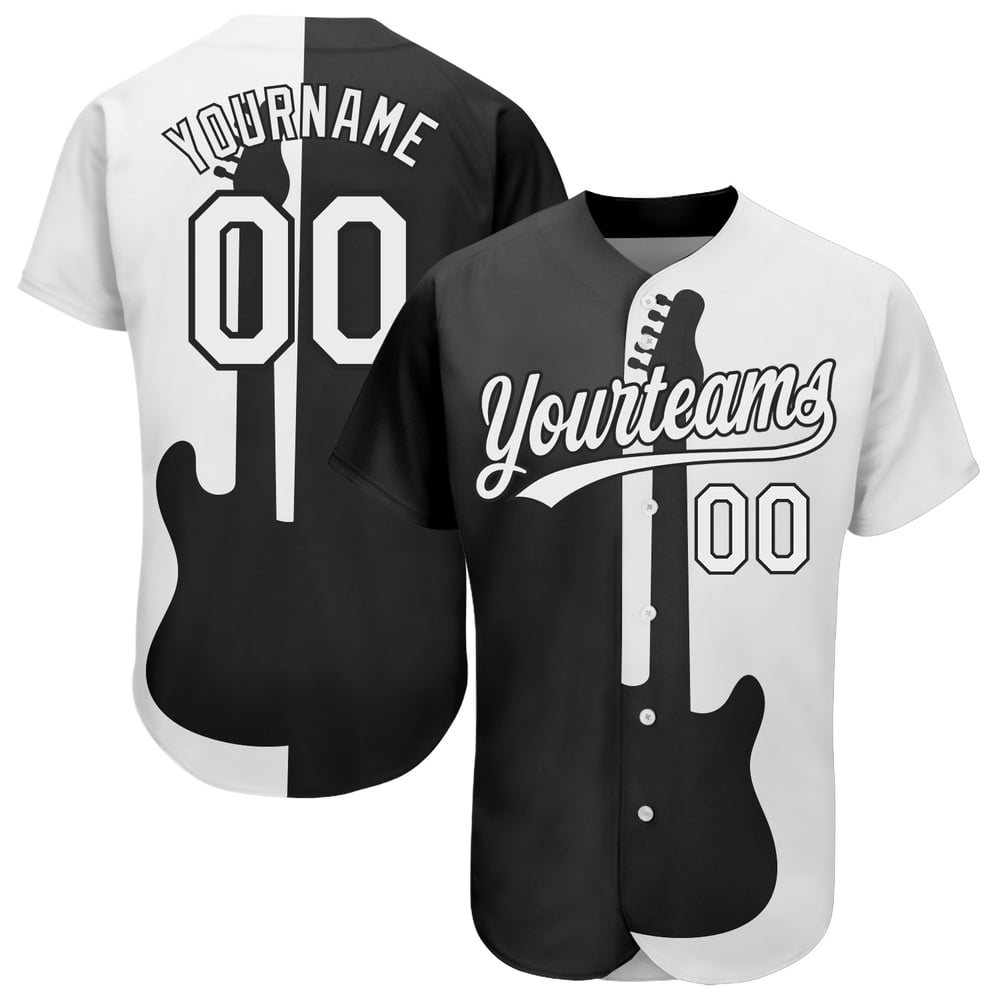 Camiseta de béisbol negra personalizada con diseño auténtico de guitarra y rock, con estampado de festival de música blanca 3D