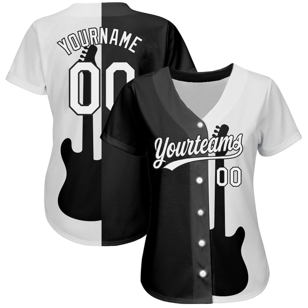 Camiseta de béisbol negra personalizada con diseño auténtico de guitarra y rock, con estampado de festival de música blanca 3D