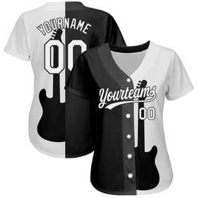 Camiseta de béisbol negra personalizada con diseño auténtico de guitarra y rock, con estampado de festival de música blanca 3D