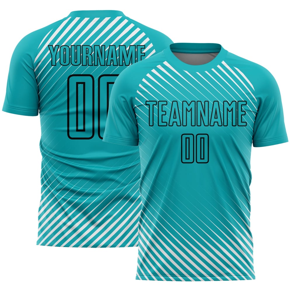 Uniforme de fútbol negro con líneas de sublimación, camiseta diagonal personalizada color aguamarina