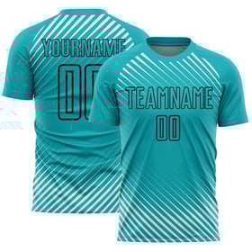 Uniforme de fútbol negro con líneas de sublimación, camiseta diagonal personalizada color aguamarina