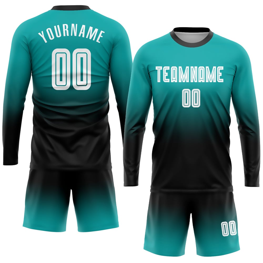 Vit-Svart Aqua Jersey Mode Sublimering Fotbollsärm Uniform Fade Lång Anpassad