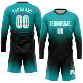 Vit-Svart Aqua Jersey Mode Sublimering Fotbollsärm Uniform Fade Lång Anpassad
