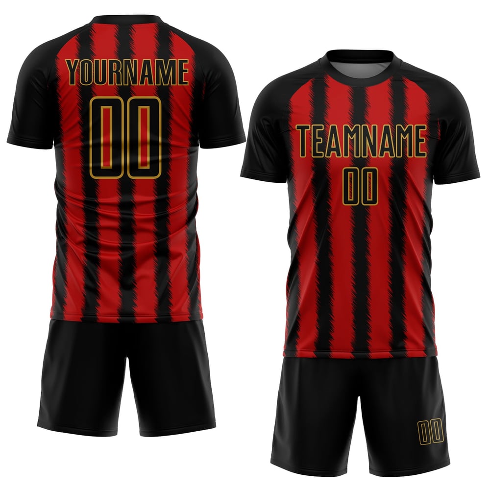 Camiseta de fútbol personalizada con sublimación de líneas negro, rojo y dorado antiguo