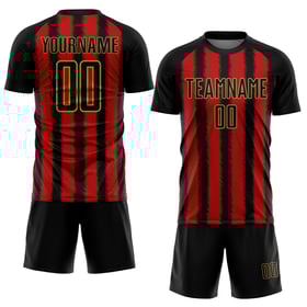 Camiseta de fútbol personalizada con sublimación de líneas negro, rojo y dorado antiguo