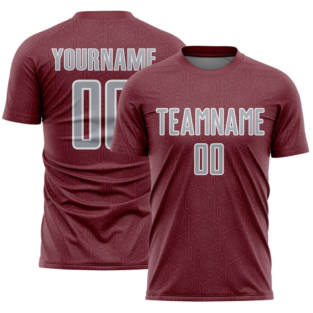 Maglia da calcio personalizzata con forma geometrica bordeaux, uniforme sportiva grigio-bianca, stampata a sublimazione