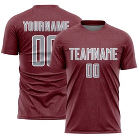Maglia da calcio personalizzata con forma geometrica bordeaux, uniforme sportiva grigio-bianca, stampata a sublimazione