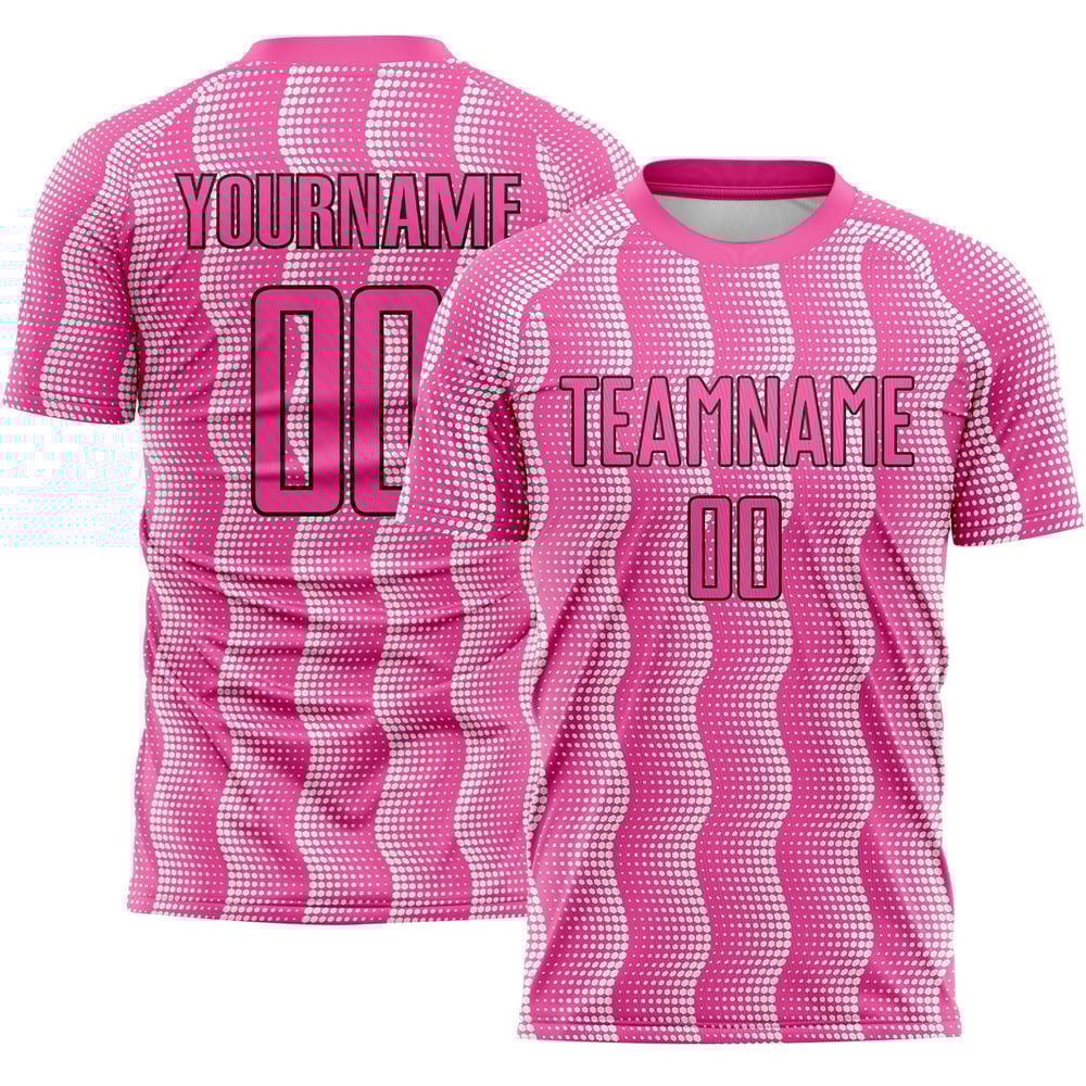 Camiseta de fútbol personalizada con sublimación de uniformes geométricos, color negro y blanco, color rosa
