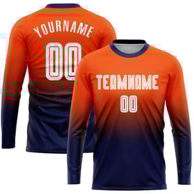 Maillot de football personnalisé à manches longues, orange, blanc et bleu marine, imprimé par sublimation
