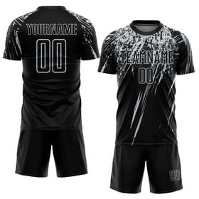 Uniforme personalizado negro, camiseta plateada de fútbol, sublimación