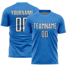 Maglia sportiva geometrica bianca e nera personalizzata con stampa a sublimazione, forma uniforme da calcio, blu polvere