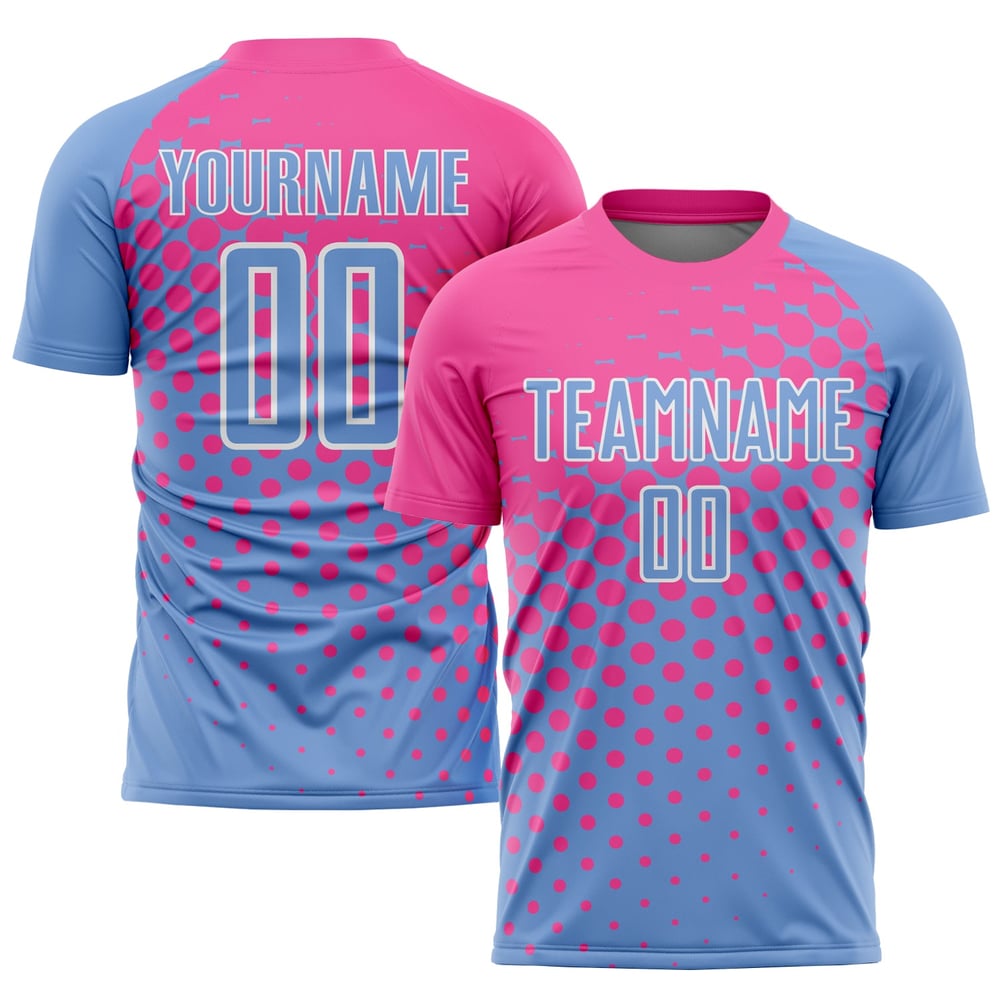 Maillot de football personnalisé bleu clair, rose et blanc, sublimé