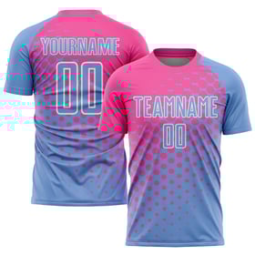 Maillot de football personnalisé bleu clair, rose et blanc, sublimé