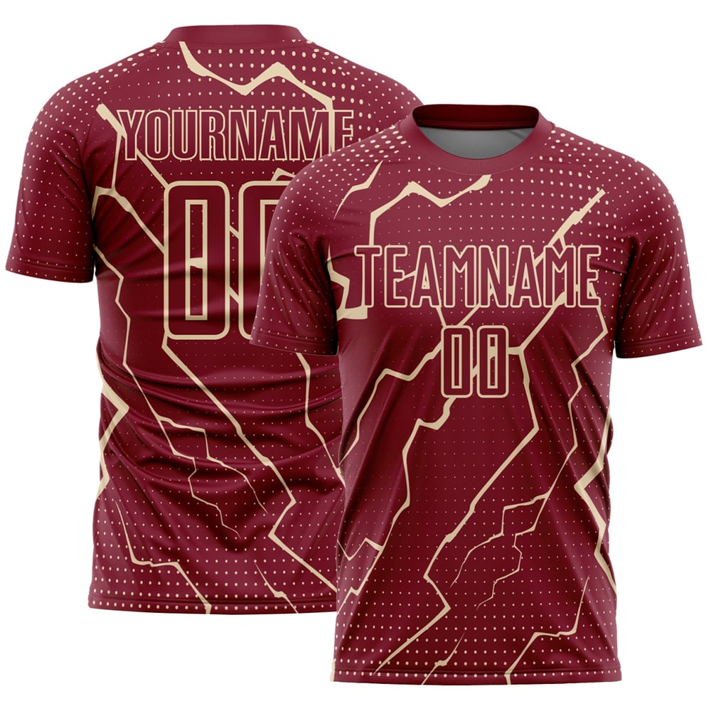 Camiseta de fútbol personalizada de sublimación Crimson City Cream Lightning