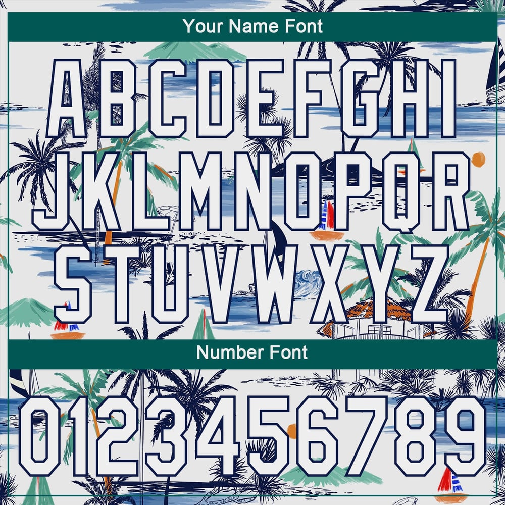 Camiseta de béisbol 3D con diseño de palmeras, diseño personalizado en blanco y azul marino, de la isla de Hawái.