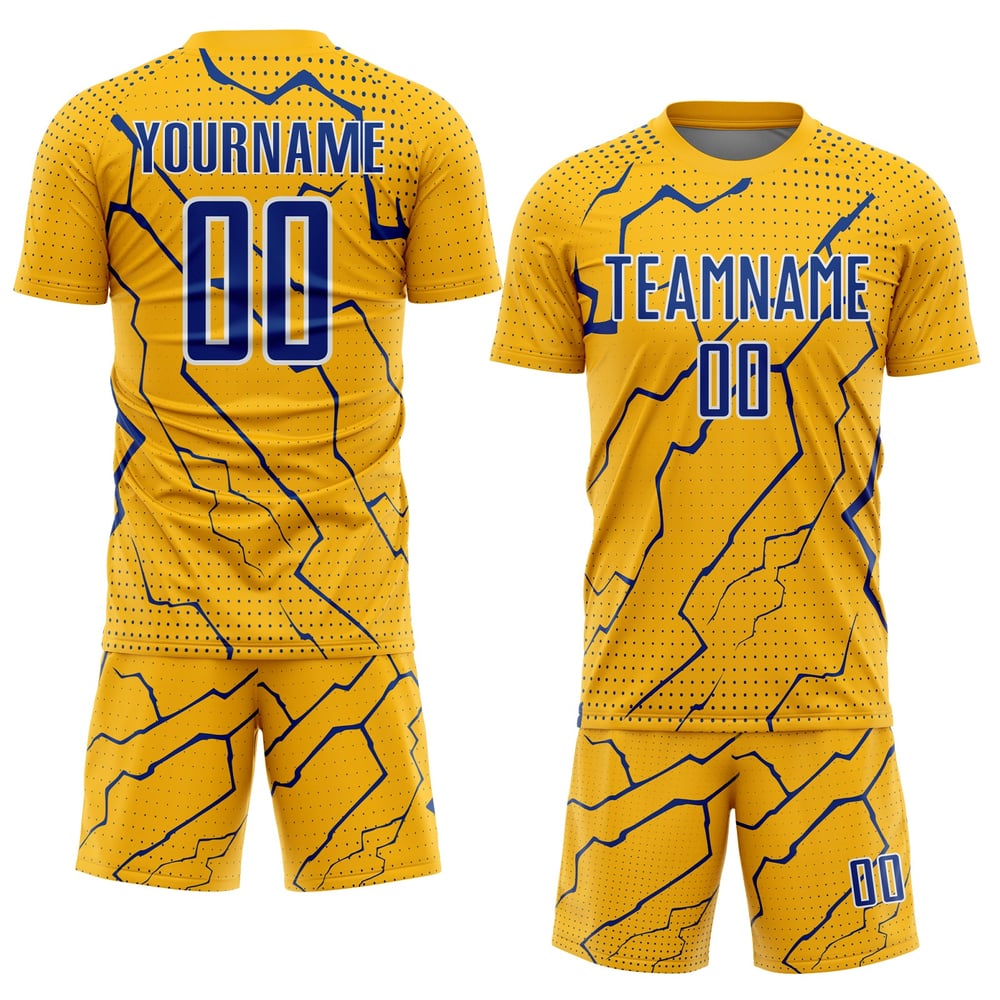 Maglia personalizzata in oro Royal-White Lightning Soccer Sublimation Sports