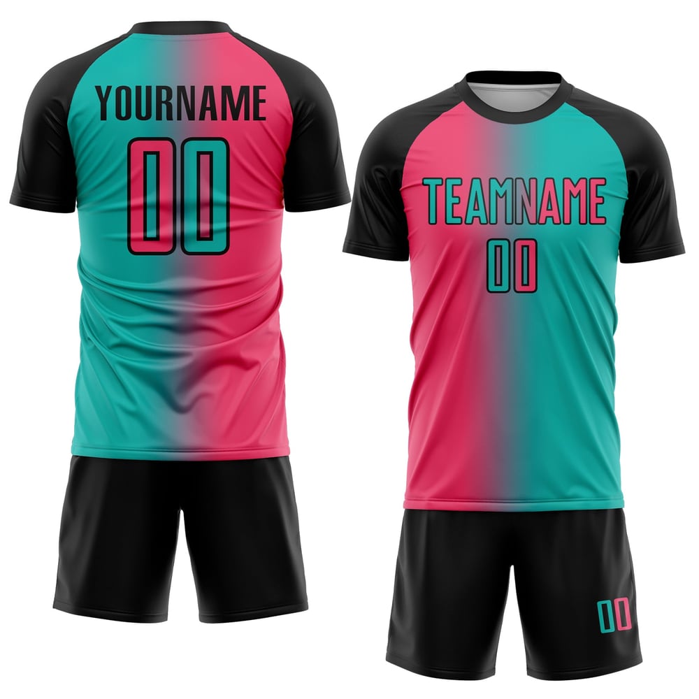 Benutzerdefinierte Aqua Gradient Jersey Uniform Neon Fußball Sublimation Mode Rosa-Schwarz