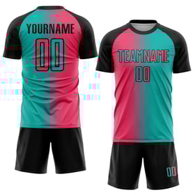 Benutzerdefinierte Aqua Gradient Jersey Uniform Neon Fußball Sublimation Mode Rosa-Schwarz