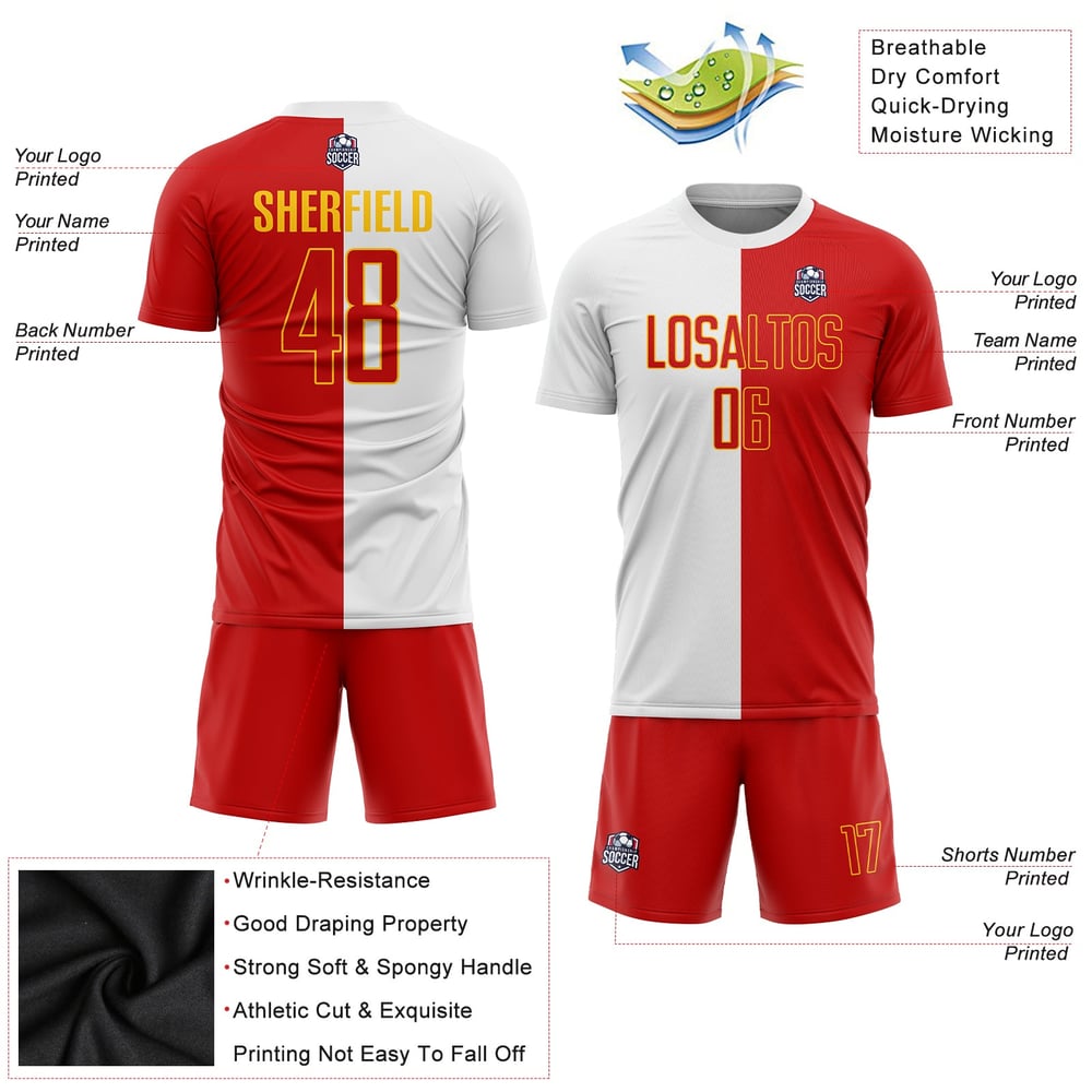 Split Soccer Fashion Jersey Red-Gold Sublimation White Uniform Custom