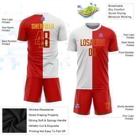 Split Soccer Fashion Jersey Red-Gold Sublimation White Uniform Custom
