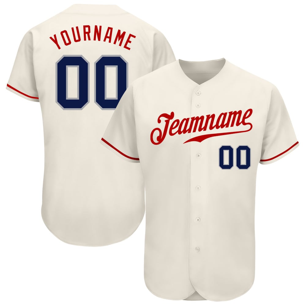 Camiseta de béisbol personalizada color crema, azul marino y rojo, auténtica