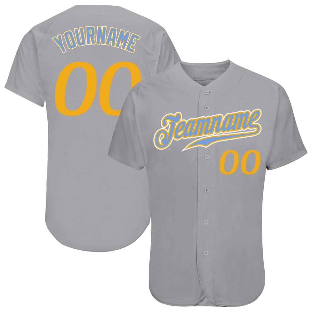 Camiseta de béisbol personalizada azul dorado-gris claro auténtica